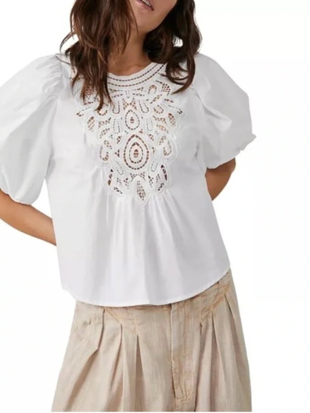 Free People White Bardot Puff Sleeve Crochet Front Top Size Small
